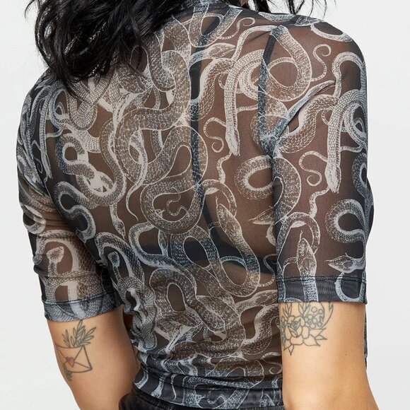 Disturbia Serpente Print Mesh Short Sleeve Crop Top - Picture 5 of 10